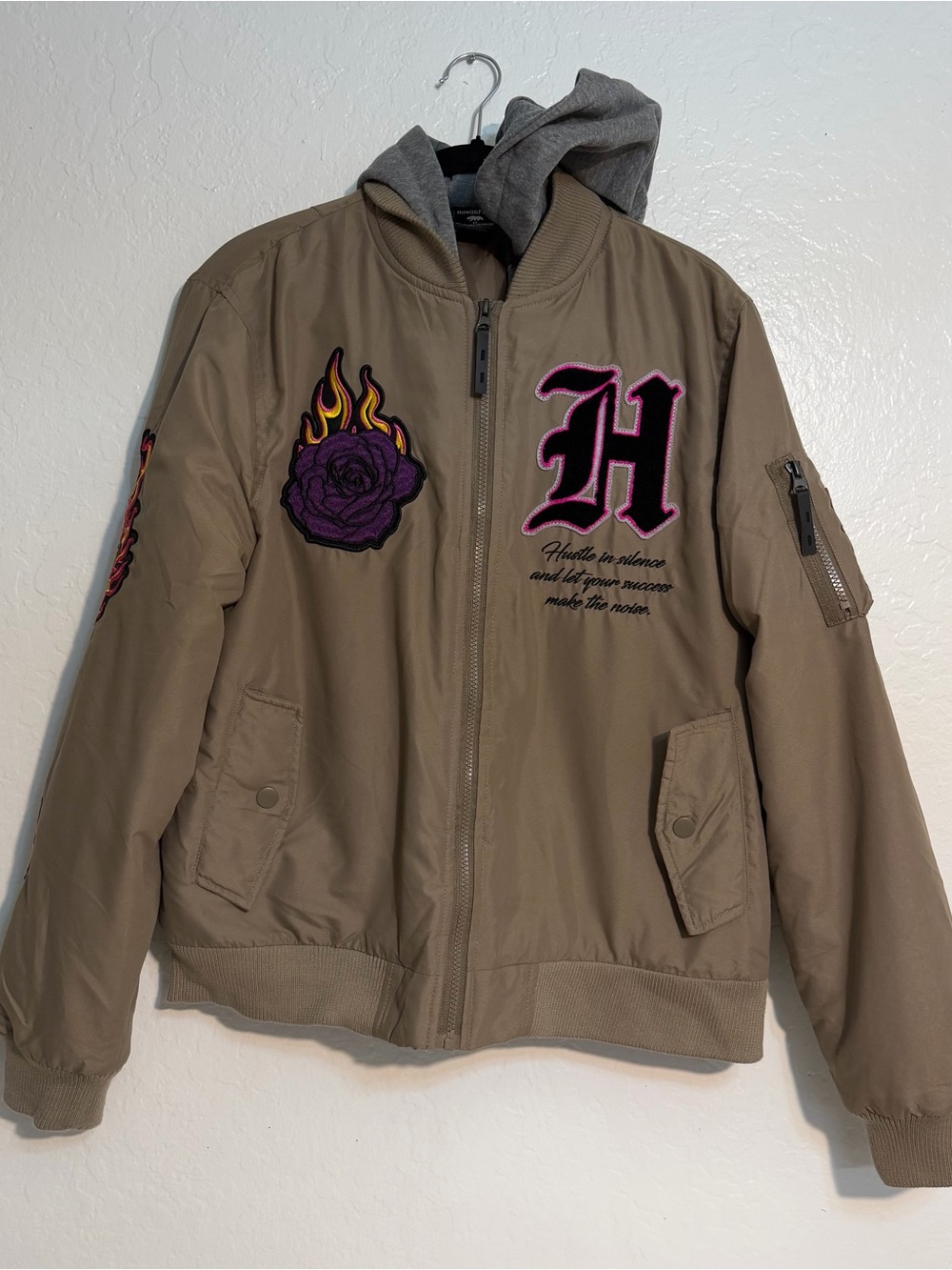 Ring of Fire men’s Taupe Bomber Jacket with Gray Hood, embroidered, Medium